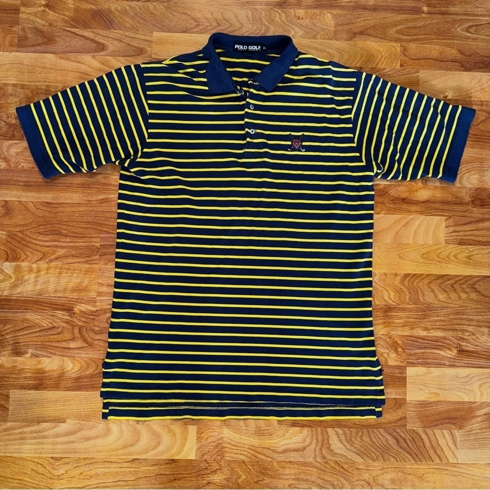Vintage Polo Golf Ralph Lauren Polo Shirt Mens XL Blue Yellow Striped Crest 90s